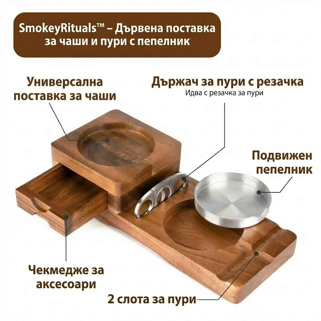 SmokeyRituals™ – Дървена поставка за чаши и пури с пепелник